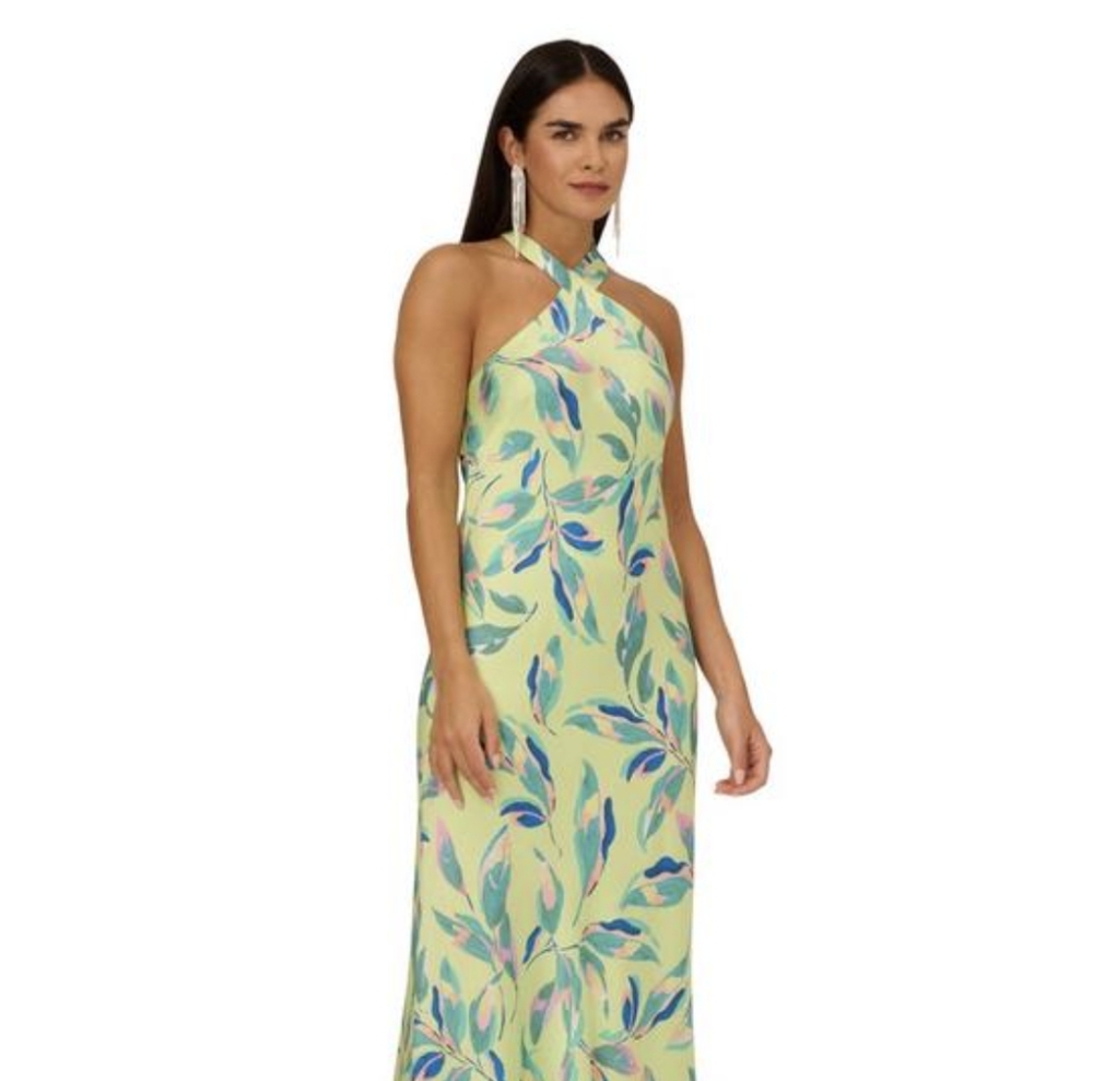 Aidan By Adrianna Papell Vibrant Leaf Print Maxi Halter Dress Size 8